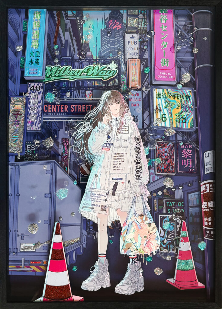 Contemporary artwork by Shoko Hirose featuring a futuristic girl surrounded by urban digital structures and vivid layered color reflections