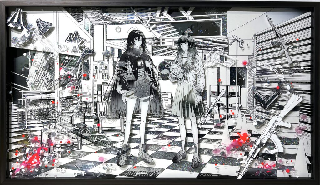 Contemporary artwork by Shoko Hirose featuring a futuristic female character inside a toy package inspired display with layered acrylic elements