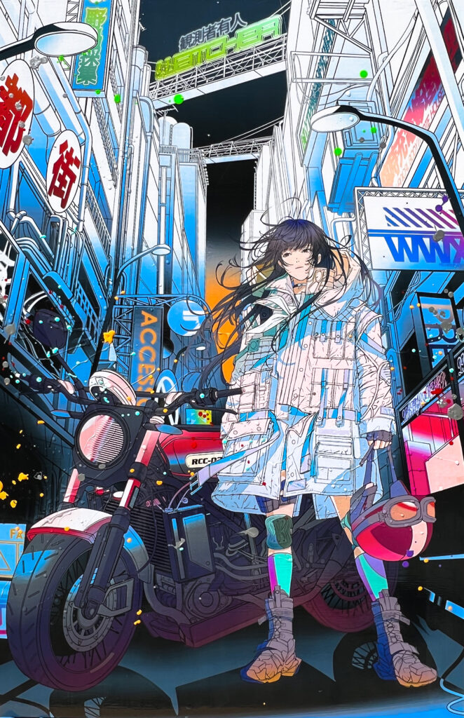 Contemporary artwork by Shoko Hirose featuring a futuristic girl standing beside a motorcycle in a neon-lit cyberpunk cityscape
