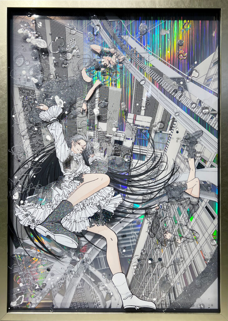 Contemporary artwork by Shoko Hirose featuring a floating girl drifting through a futuristic void with layered cybernetic structures and holographic textures