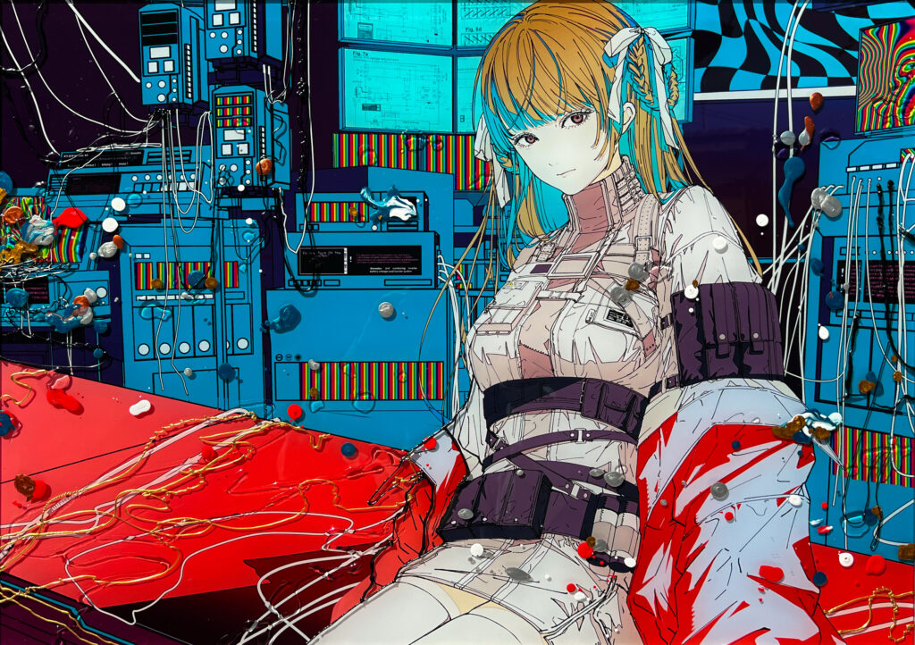 Contemporary artwork by Shoko Hirose featuring a futuristic girl seated inside a cybernetic control room with vivid layered color contrasts
