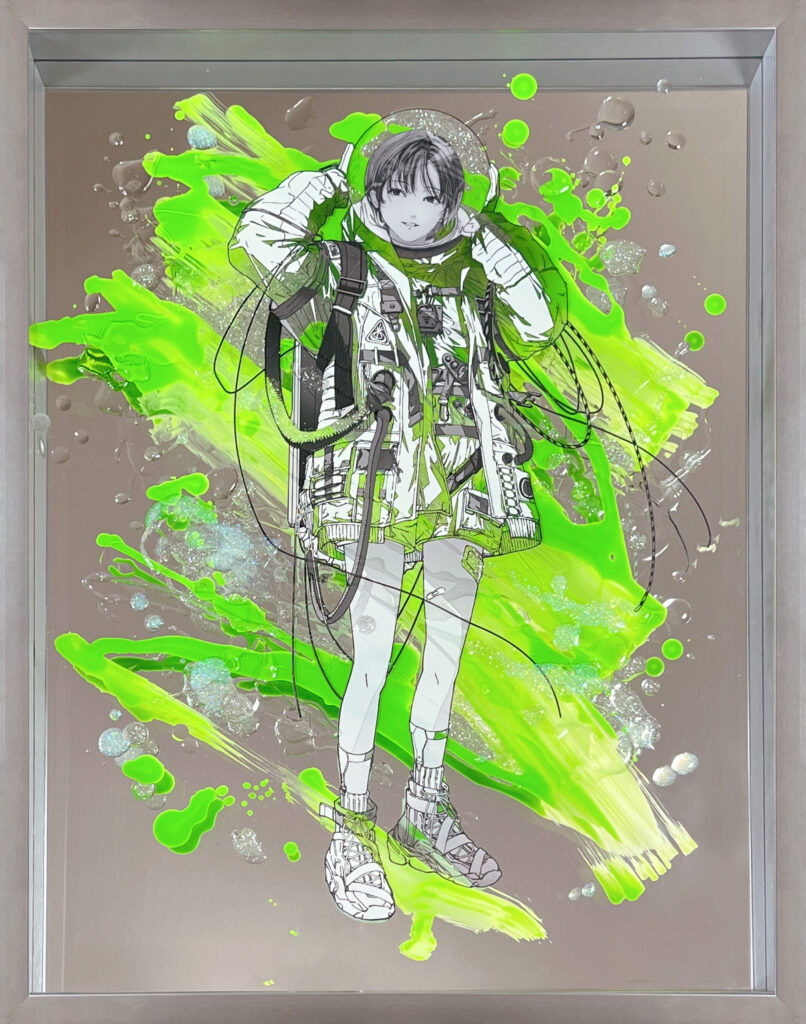 Contemporary artwork by Shoko Hirose featuring a futuristic astronaut surrounded by fluorescent abstract textures and layered acrylic elements