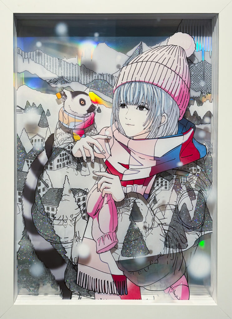 Contemporary artwork by Shoko Hirose featuring a futuristic female figure surrounded by vivid red and blue environmental contrasts