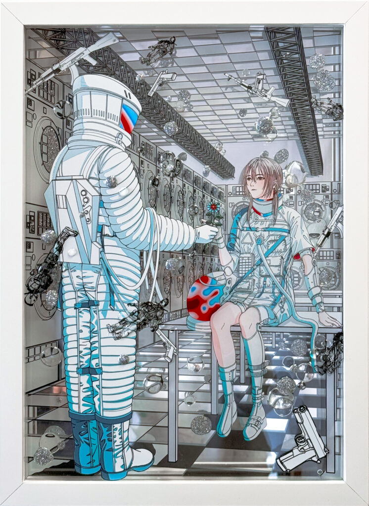 Contemporary artwork by Shoko Hirose featuring a futuristic traveler surrounded by cosmic motifs and layered sci-fi visual structures