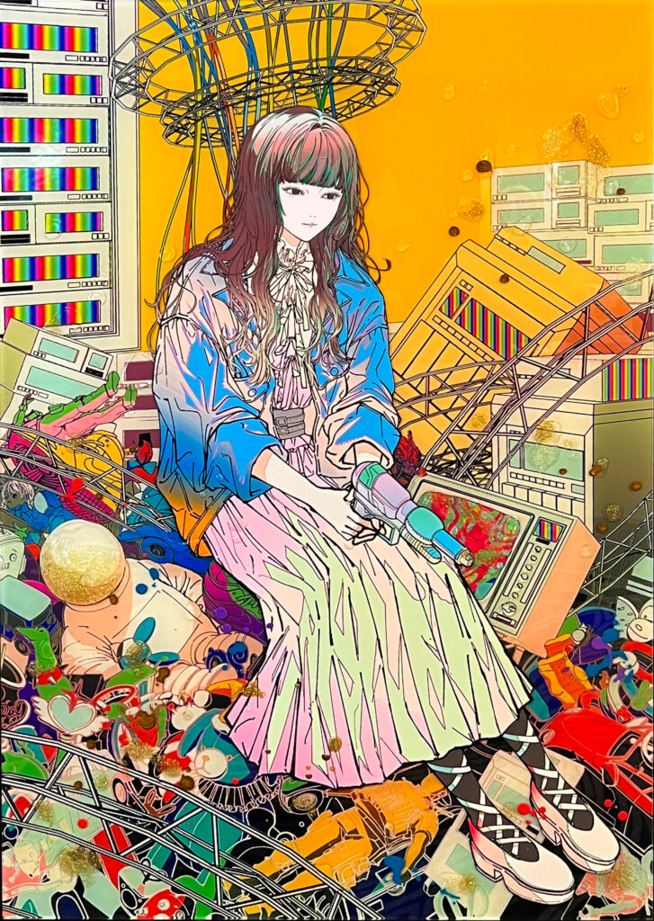 Contemporary artwork by Shoko Hirose featuring a solitary girl in a fragmented empty futuristic environment with layered acrylic textures