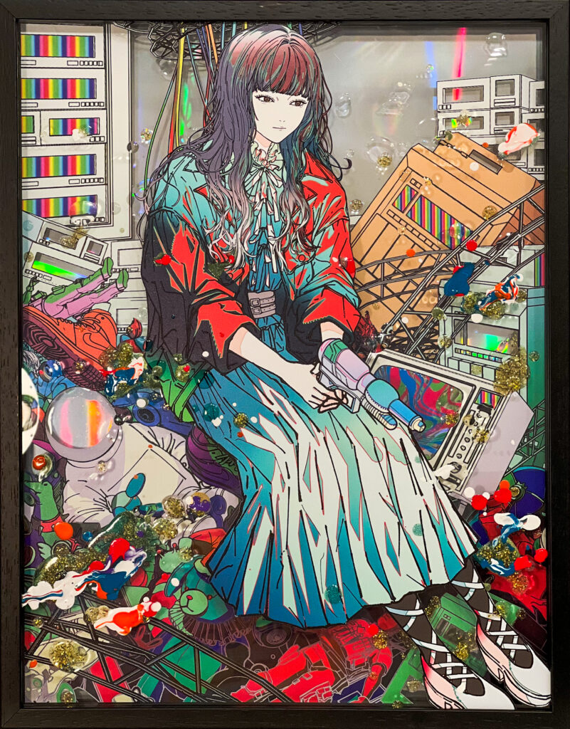 Contemporary artwork by Shoko Hirose featuring a girl seated among scattered toys and broken digital devices in a surreal futuristic space