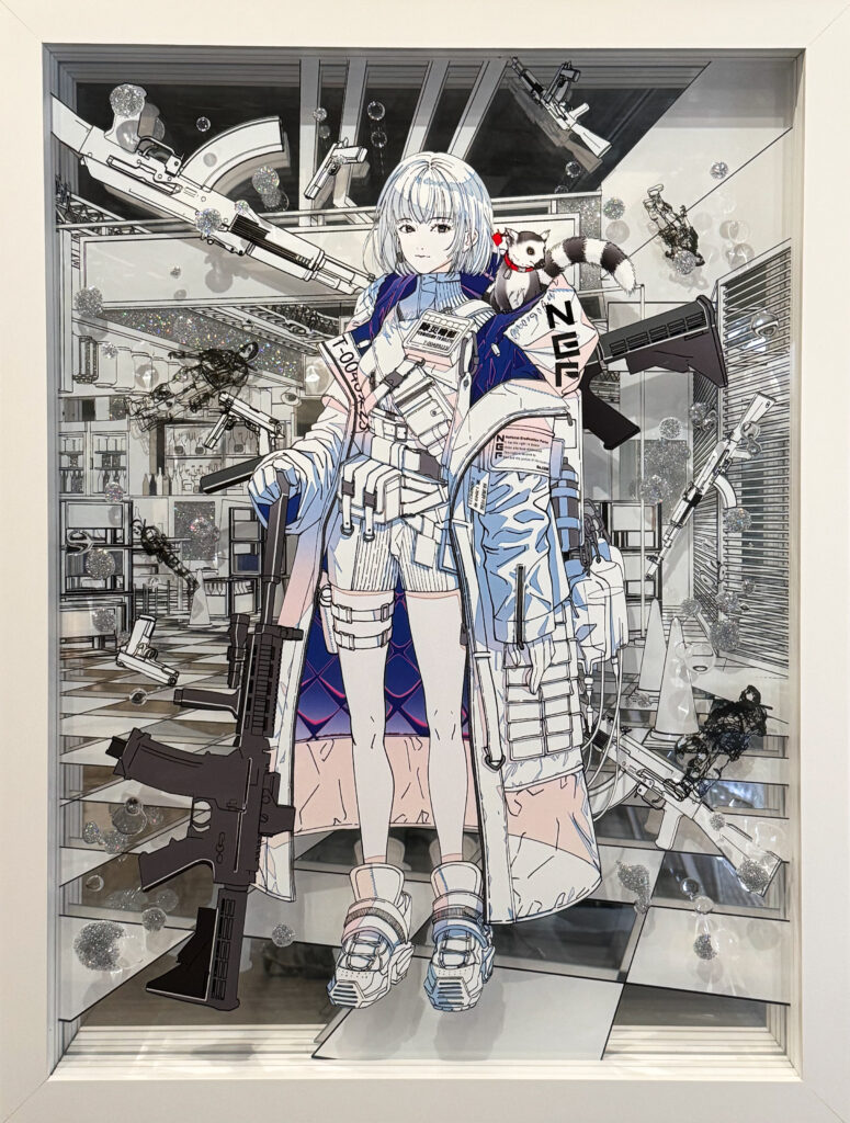 Contemporary artwork by Shoko Hirose featuring a girl surrounded by abstract symbolic forms and layered paint textures expressing liberation