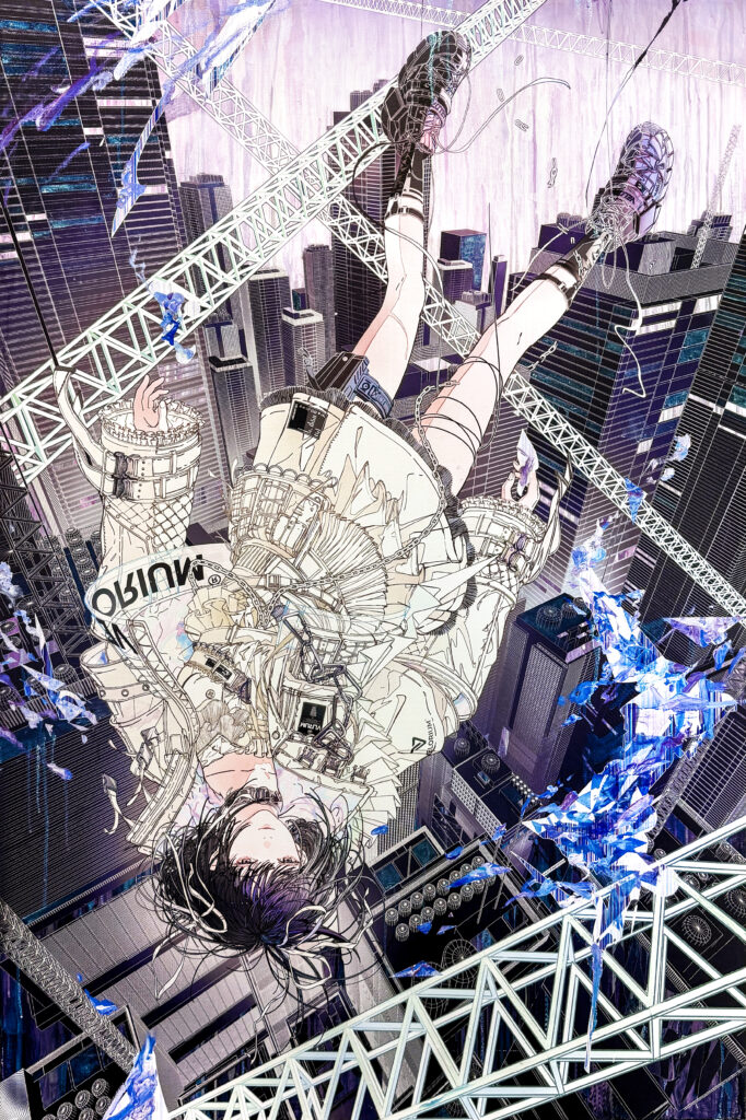 Matter and "Ghost" by contemporary artist Shoko Hirose. A layered mixed-media artwork depicting an upside-down figure suspended above an urban cityscape with architectural structures and crystalline blue elements.