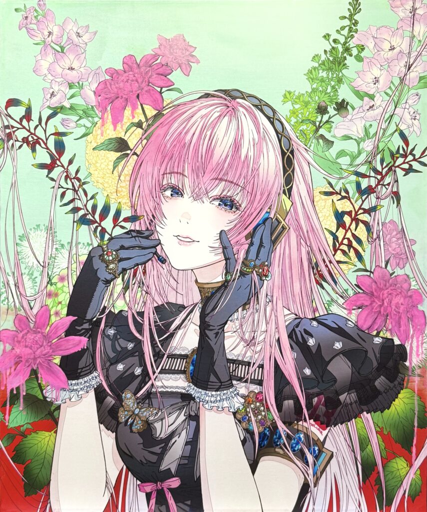 廣瀬祥子《A Garden in Fantasy [Emperor Dahlia : LUKA]》2026年。皇帝ダリアなどの花々に囲まれた巡音ルカを描いたキャンバス作品。
