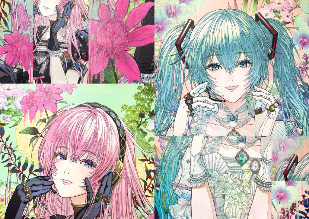 廣瀬祥子「A Garden in Fantasy」シリーズのディテール。初音ミクと巡音ルカの表情、衣装、花、油彩による描画部分を収めた作品細部。
