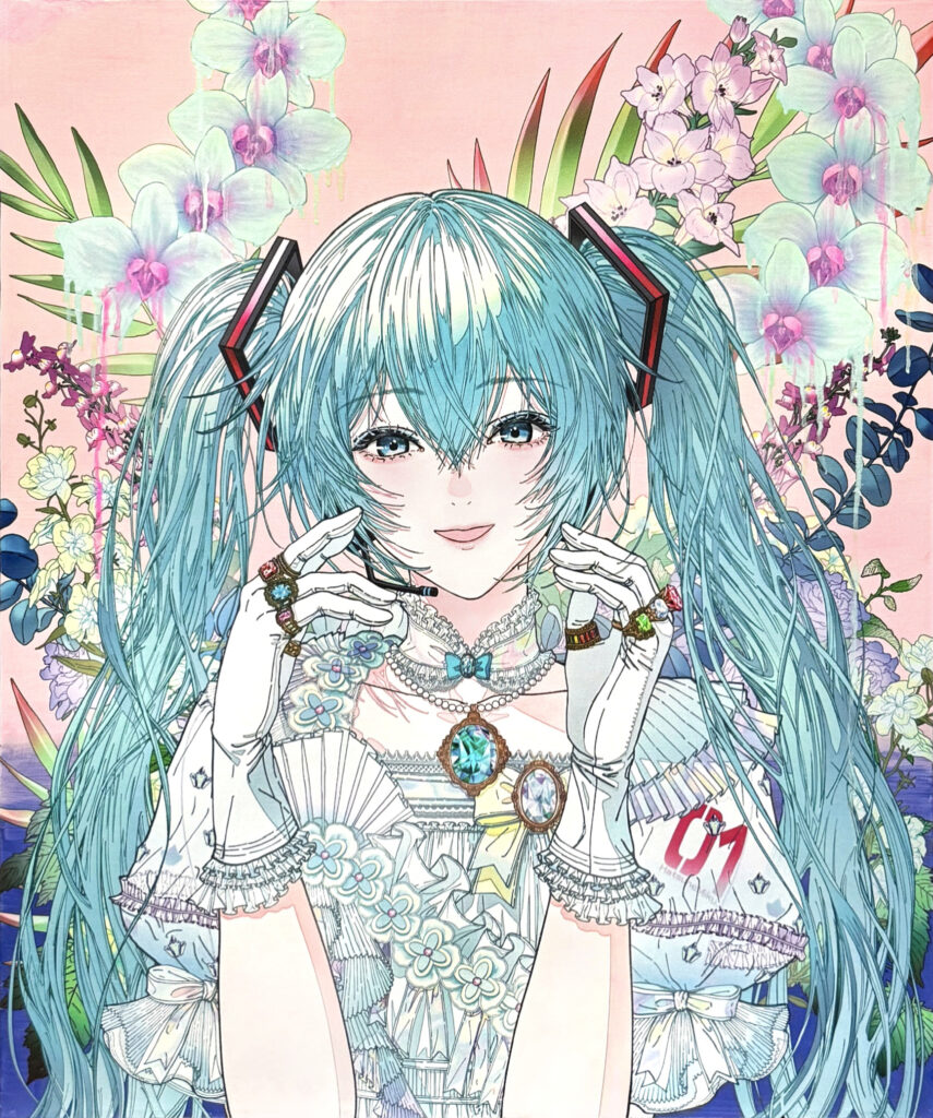 廣瀬祥子《A Garden in Fantasy [Phalaenopsis Orchid : MIKU]》2026年。胡蝶蘭をはじめとする花々に囲まれた初音ミクを描いたキャンバス作品。