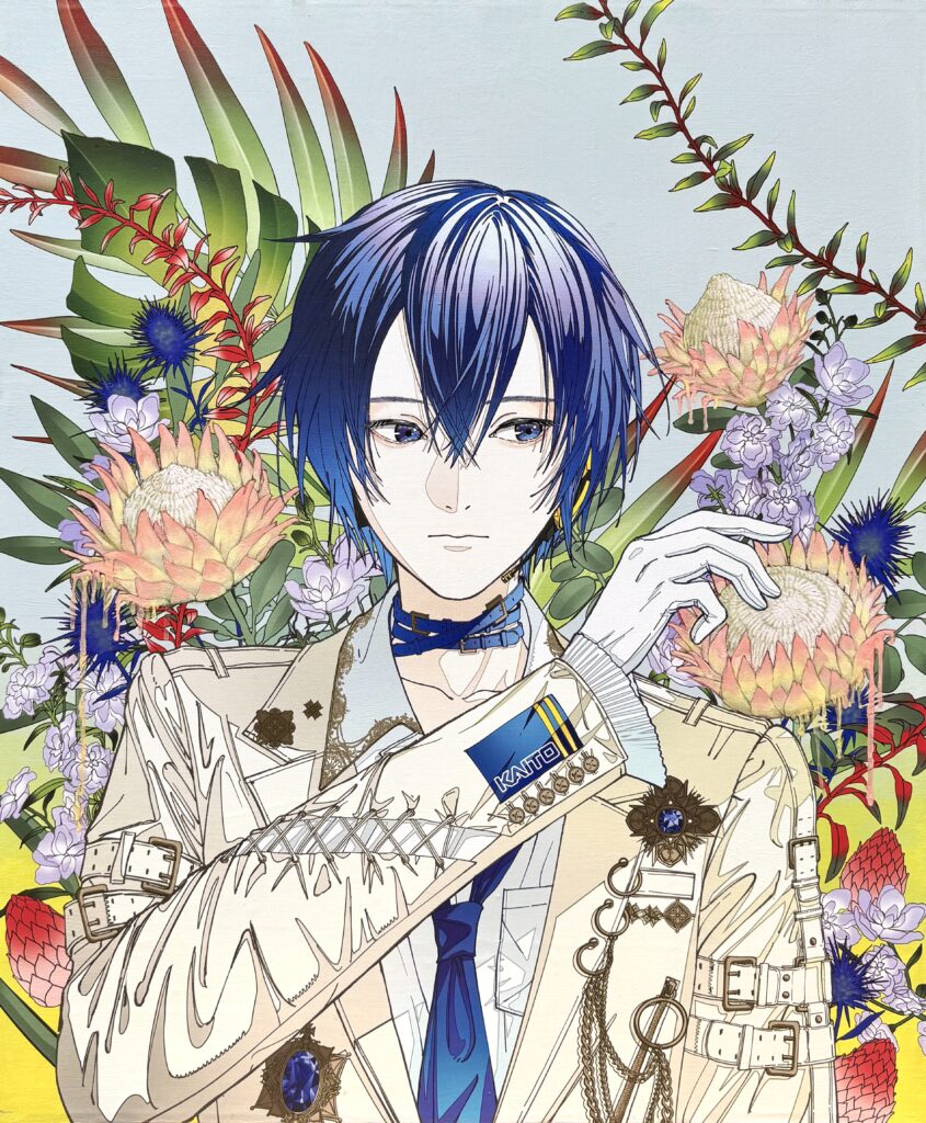 廣瀬祥子《A Garden in Fantasy [Protea : KAITO]》2026年。プロテアをはじめとする花々に囲まれたKAITOを描いたキャンバス作品。