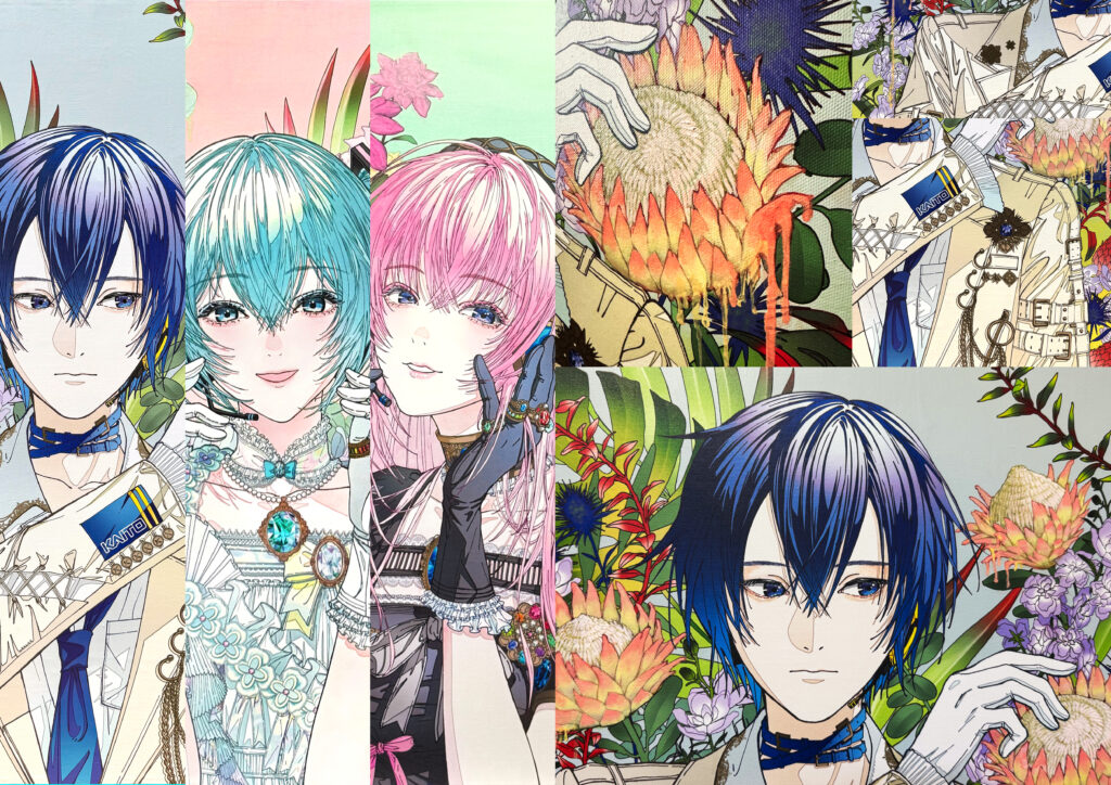 廣瀬祥子「A Garden in Fantasy」シリーズの作品ディテール。KAITO、初音ミク、巡音ルカの人物表現、衣装、プロテアなどの花と油彩部分を収めた細部画像。