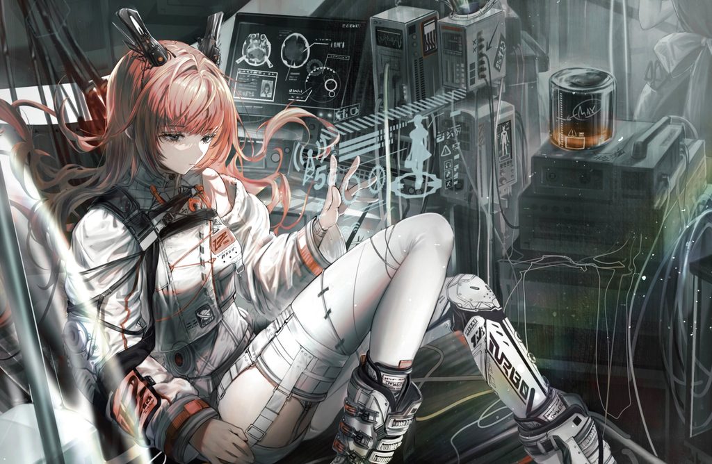 ひろせによる自主制作「cold fish」。SF研究施設を背景に、オレンジ髪の人物を描いたオリジナルイラストレーション。