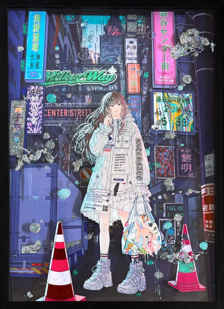 Contemporary artwork by Shoko Hirose featuring a futuristic girl surrounded by urban digital structures and vivid layered color reflections