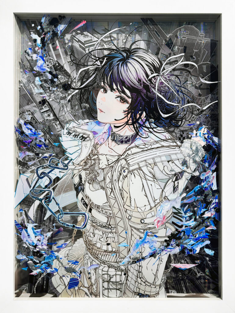 Residual Emotion: 3,842,116 Tris by Shoko Hirose, a layered contemporary artwork combining a human figure, dense urban structures, digital imagery, and physical materials.
