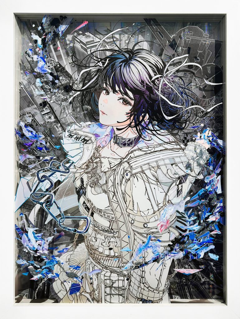廣瀬祥子《Residual Emotion:3,842,116 Tris》。都市空間と人物を高密度なデジタルイメージと物質的なレイヤーで構成した現代美術作品。