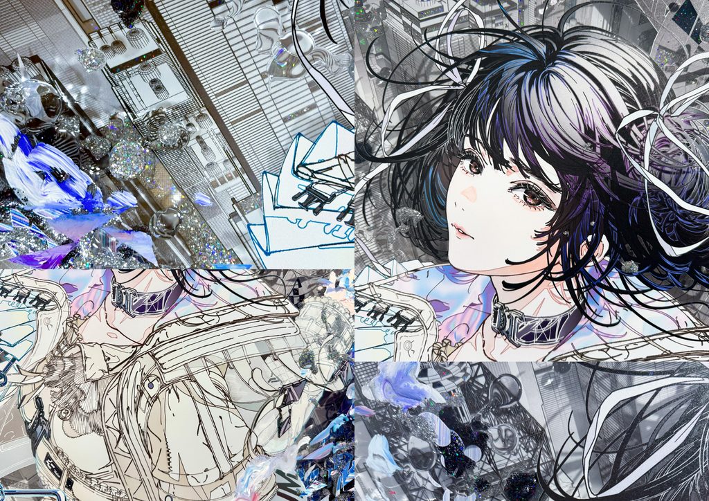 廣瀬祥子《Residual Emotion:3,842,116 Tris》ディテール。人物と都市空間、複雑な線や視覚情報が重なり合う画面部分。