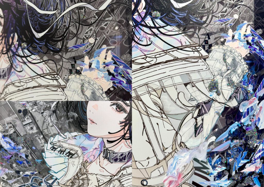 廣瀬祥子《Residual Emotion:3,842,116 Tris》ディテール。デジタルイメージと描画、物質的なレイヤーが交差する作品表面。