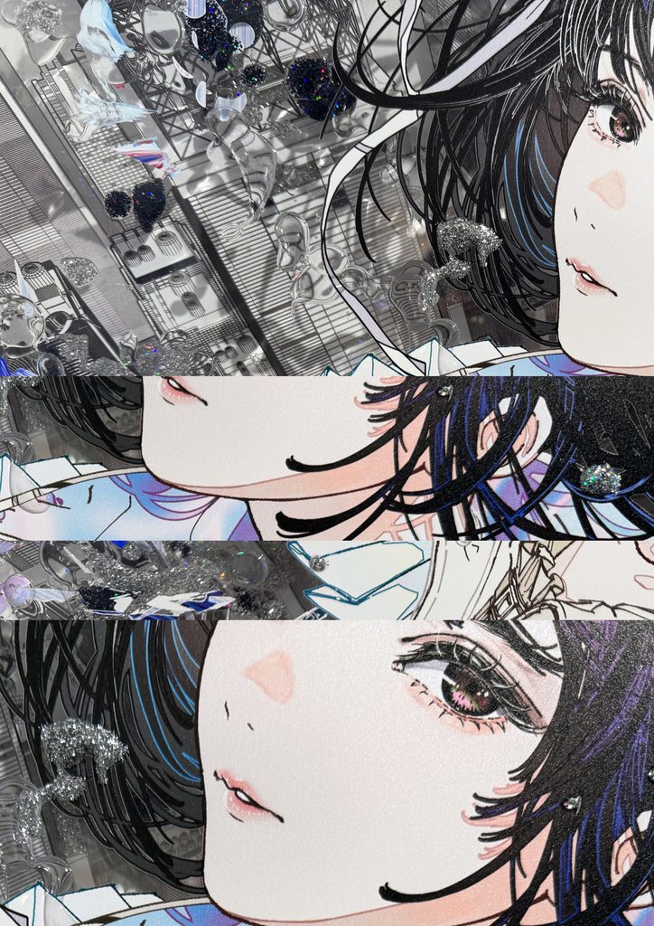 廣瀬祥子《Residual Emotion:3,842,116 Tris》のディテール。人物の表情、高密度な線画、都市的な構造や物質的な装飾が重なり合う作品細部。