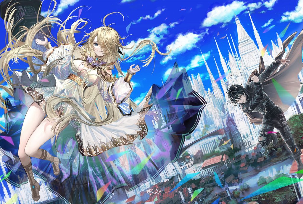 OVERLAP『現代ダンジョンライフの続きは異世界オープンワールドで！』第1巻の表紙・裏表紙を含む装画全景。ひろせが装画とキャラクターデザインを担当。