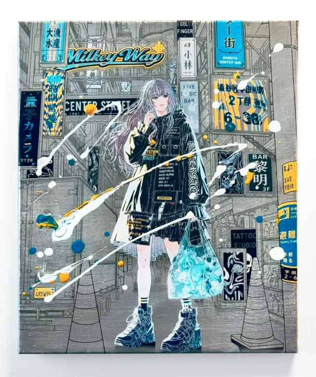 [Shibuya in 2126] A Future That Never “Simulated”

Size: 380 × 455 × 18 mm 
Materials: Canvas, acrylic, mica powder, oil paint, UV printing
2026

5/22(金)〜6/4(木)にSHIBUYA XXIにて開催される、tagboat様(@gallerytagboat )主催「ART 渋谷派 Vol.3 DIGITAL JAM」出展作品です。

見る角度によって光の反射や支持体の銀色の見え方が変化する作品となっておりますので、ぜひ会場で実物をご覧いただけますと嬉しいです。

※作品は展示会場・オンラインにてご購入いただけます。

https://www.tagboat.com/products/list.php?author_id=1004920

━━━━━━━━━━━━━━

[Shibuya in 2126] A Future That Never “Simulated”

Size: 380 × 455 × 18 mm
Materials: Canvas, acrylic, mica powder, oil paint, UV printing
2026

This is an exhibit piece for "ART Shibuya-ha Vol.3 DIGITAL JAM," hosted by tagboat (@gallerytagboat), held at SHIBUYA XXI from May 22nd (Fri) to June 4th (Thu).

The artwork changes in how light reflects and the silver color of the support changes depending on the viewing angle, so we would be delighted if you could see the actual piece at the venue.

*The artwork can be purchased at the exhibition venue and online.

https://www.tagboat.com/products/list.php?author_id=1004920

#contemporaryart
#mixedmediaartist
#contemporarypainting
#tokyoart
#artcollector